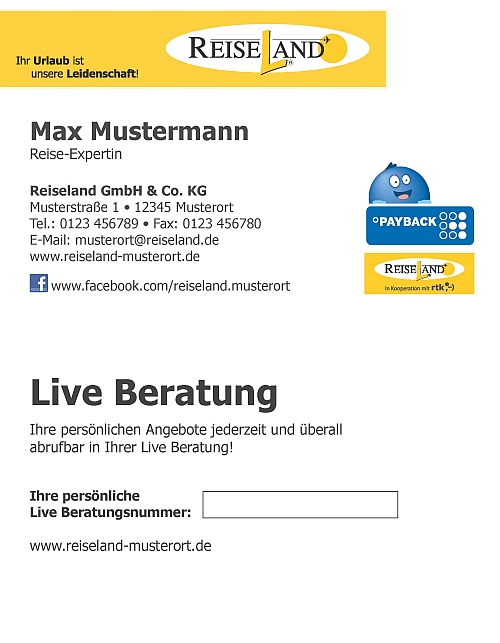 Visitenkarten Reiseland PAYBACK / Live Beratung Name
