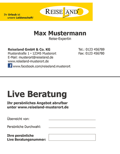 Visitenkarten Reiseland / Live Beratung Büro