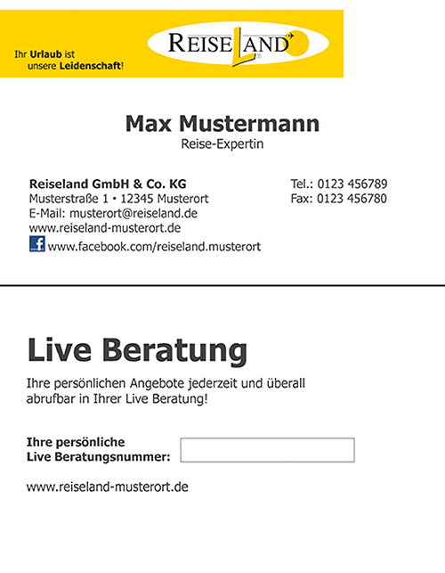 Visitenkarten Reiseland / Live Beratung Name
