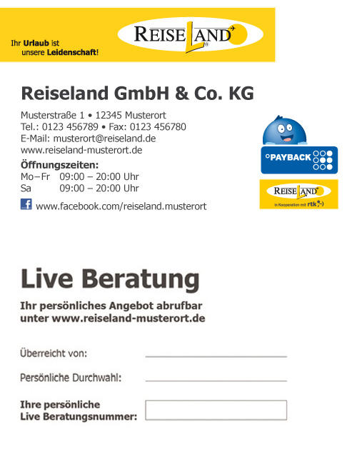 Visitenkarten Reiseland PAYBACK / Live Beratung Büro